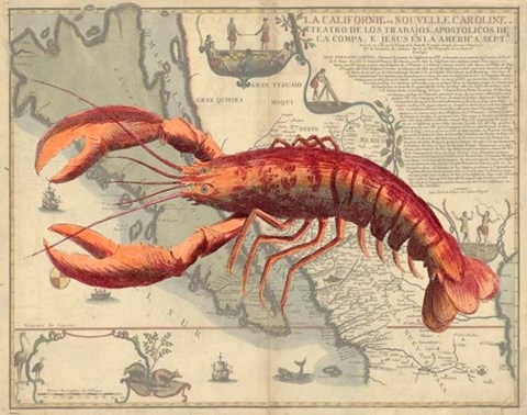 Framed Lobster print on Nautical Map Print