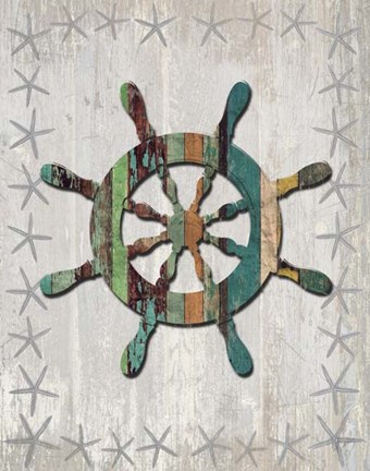 Framed Distressed Wood Style Ships Wheel 1 Print