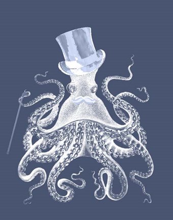 Framed White Octopus on Indigo Blue b Print