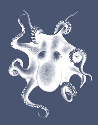 Framed White Octopus on Indigo Blue d Print