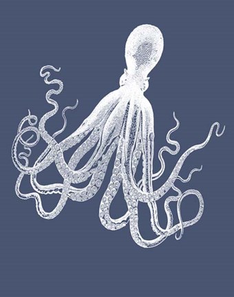 Framed White Octopus on Indigo Blue e Print