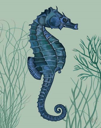 Framed Blue Seahorses on Light Green Sage a Print