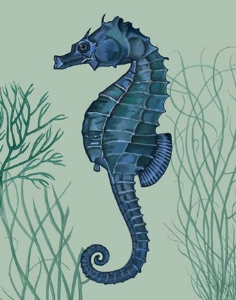 Framed Blue Seahorses on Light Green Sage b Print