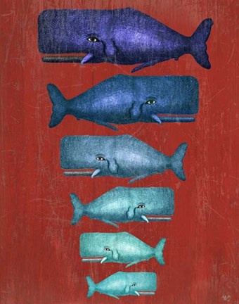 Framed Whale Family Blue on Red Print