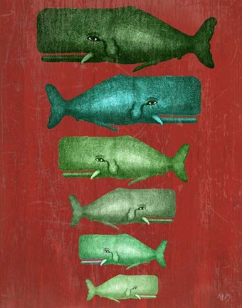 Framed Whale Family Green on Red Print