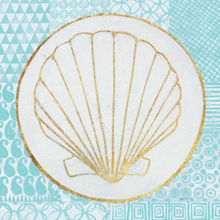 Framed Summer Shells II Teal and Gold Print