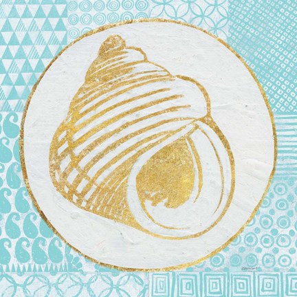 Framed Summer Shells III Teal and Gold Print