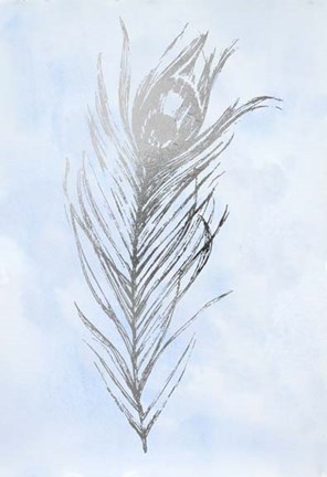 Framed Silver Foil Feather I on Blue - Metallic Foil Print
