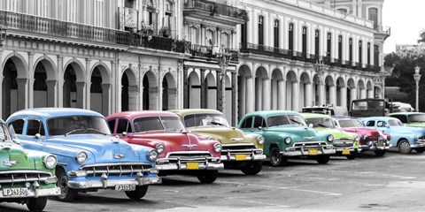 Framed Cars Parked in Line, Havana, Cuba Print