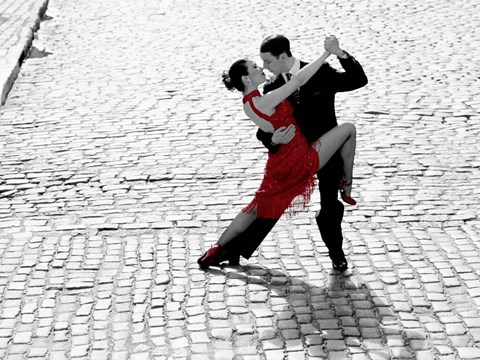 Framed Couple Dancing Tango on Cobblestone Road Print