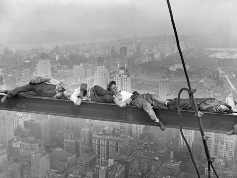 Framed Construction Workers Resting on Steel Beam Above Manhattan, 1932 Print