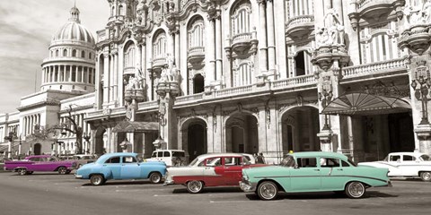 Framed Vintage American Cars in Havana, Cuba Print