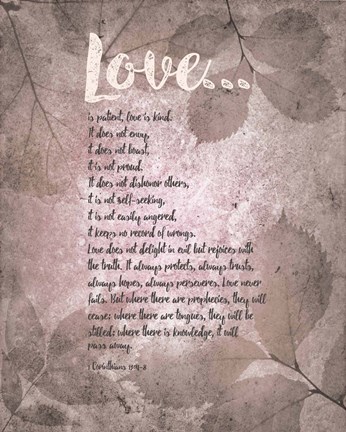 Framed Corinthians 13:4-8 Love is Patient - Grey Leaves Print