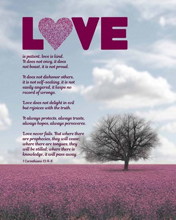 Framed Corinthians 13:4-8 Love is Patient - Pink Field Print