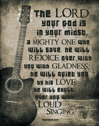 Framed Zephaniah 3:17 The Lord Your God (Guitar Sepia) Print