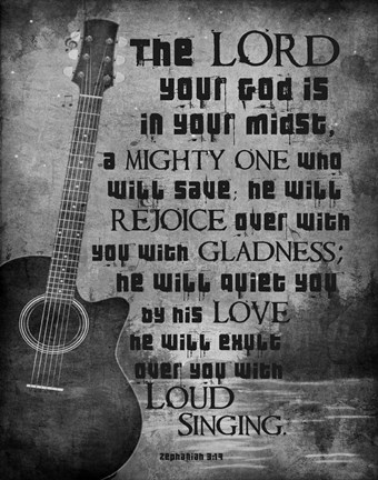 Framed Zephaniah 3:17 The Lord Your God (Guitar Black &amp; White) Print