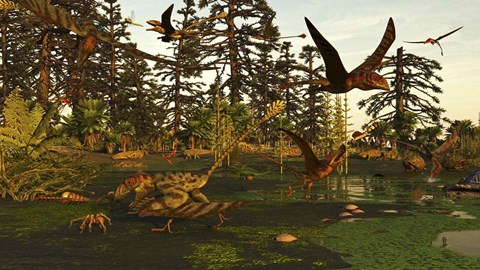 Framed Eudimorphodon And Peteinosaurus Pterosaurs In A Swampy Triassic Scene Print