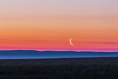 Framed Moon and Venus rising over the flat prairie horizon of Alberta, Canada Print