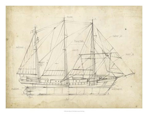 Framed Sailboat Blueprint II Print