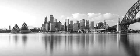 Framed Sydney Harbour Bridge and skylines at dusk, Sydney, New South Wales, Australia Print