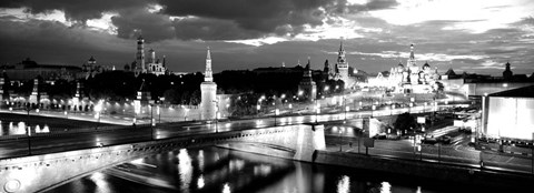 Framed City lit up at night, Red Square, Kremlin, Moscow, Russia BW Print