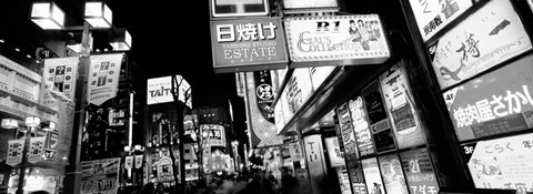 Framed Commercial signboards lit up at night in a market, Shinjuku Ward, Tokyo, Japan Print