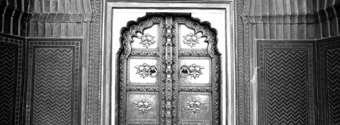 Framed Close-up of a closed door of a palace, Jaipur City Palace, Jaipur, Rajasthan, India BW Print