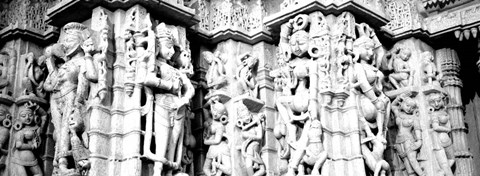Framed Sculptures carved on a wall of a temple, Jain Temple, Ranakpur, Rajasthan, India BW Print