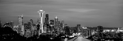 Framed Skyscrapers in a city lit up at night, Space Needle, Seattle, King County, Washington State Print