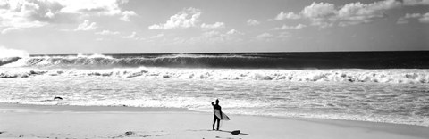 Framed Surfer standing on the beach, North Shore, Oahu, Hawaii BW Print