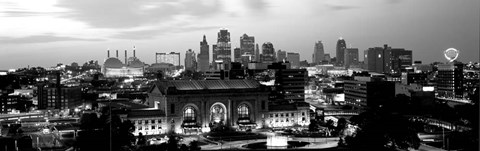 Framed Union Station at sunset with city skyline in background, Kansas City, Missouri BW Print