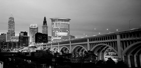 Framed Bridge in a city lit up at dusk, Detroit Avenue Bridge, Cleveland, Ohio Print