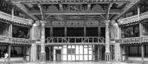 Framed Interiors of a stage theater, Globe Theatre, London, England BW Print