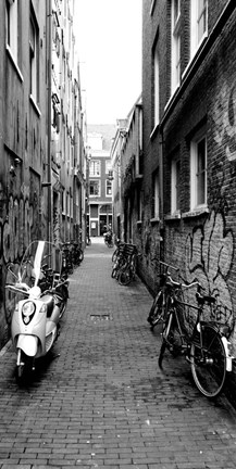 Framed Scooters and bicycles parked in a street, Amsterdam, Netherlands Print