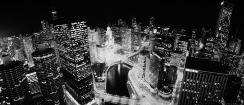 Framed Illinois, Chicago, Chicago River, High angle view of the city at night Print