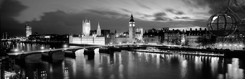 Framed Buildings lit up at dusk, Big Ben, Houses Of Parliament, London, England BW Print