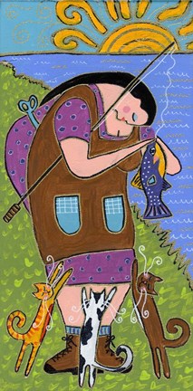 Framed Big Diva Fishing With Cats Print