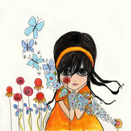 Framed Big Eyed Girl Butterflies &amp; Bees Print