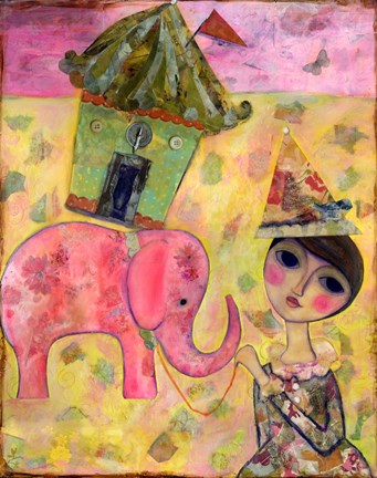 Framed Big Eyed Girl Pink Elephant Circus Print