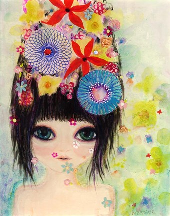 Framed Big Eyed Girl Raining Flowers Print