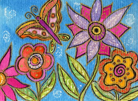 Framed Funky Flowers And Butterfly Print