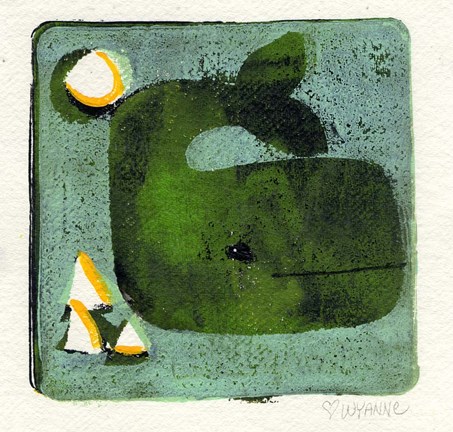 Framed Green Whale Monoprint Print