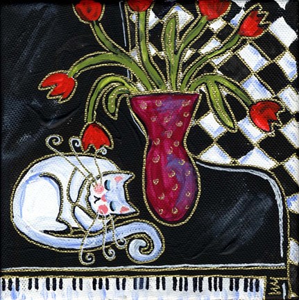 Framed Kitty Asleep On The Piano Print