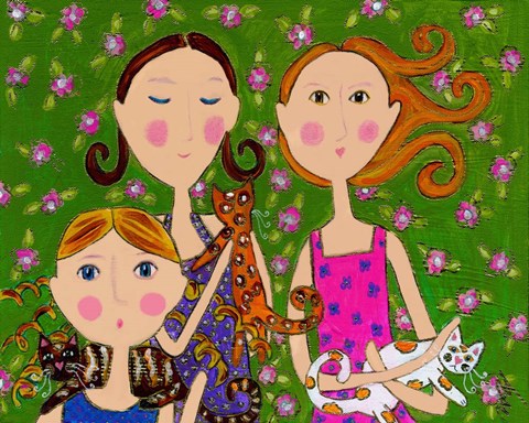 Framed Three Girls Three Kittens Print