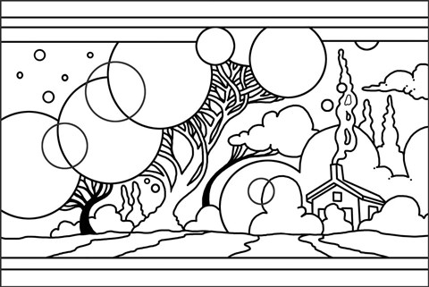 Framed Circle Tree Landscape Lineart Print