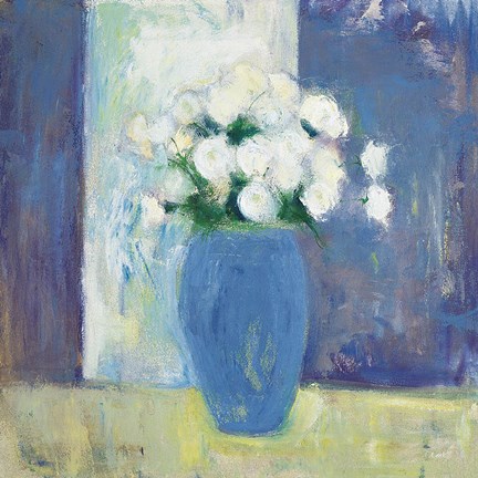 Framed Ranunculi in Blue Vase White Flowers Print