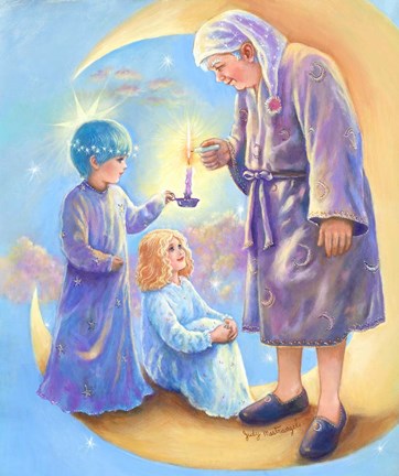 Framed Man in the Moon Lighting Candle Print