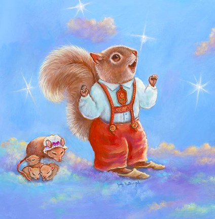 Framed Mice, Squirrel and Bunny family in Clouds I Print