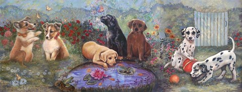 Framed Puppies And Pond Print