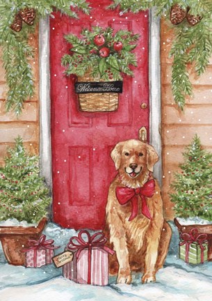 Framed Golden At Christmas Door Print